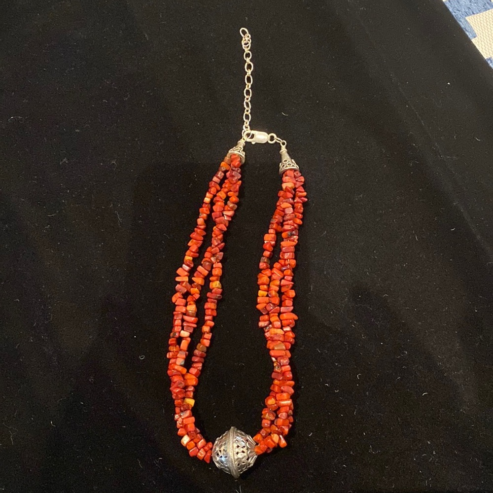 Coral Multi-Strand Beaded Necklace with Sterling Silver